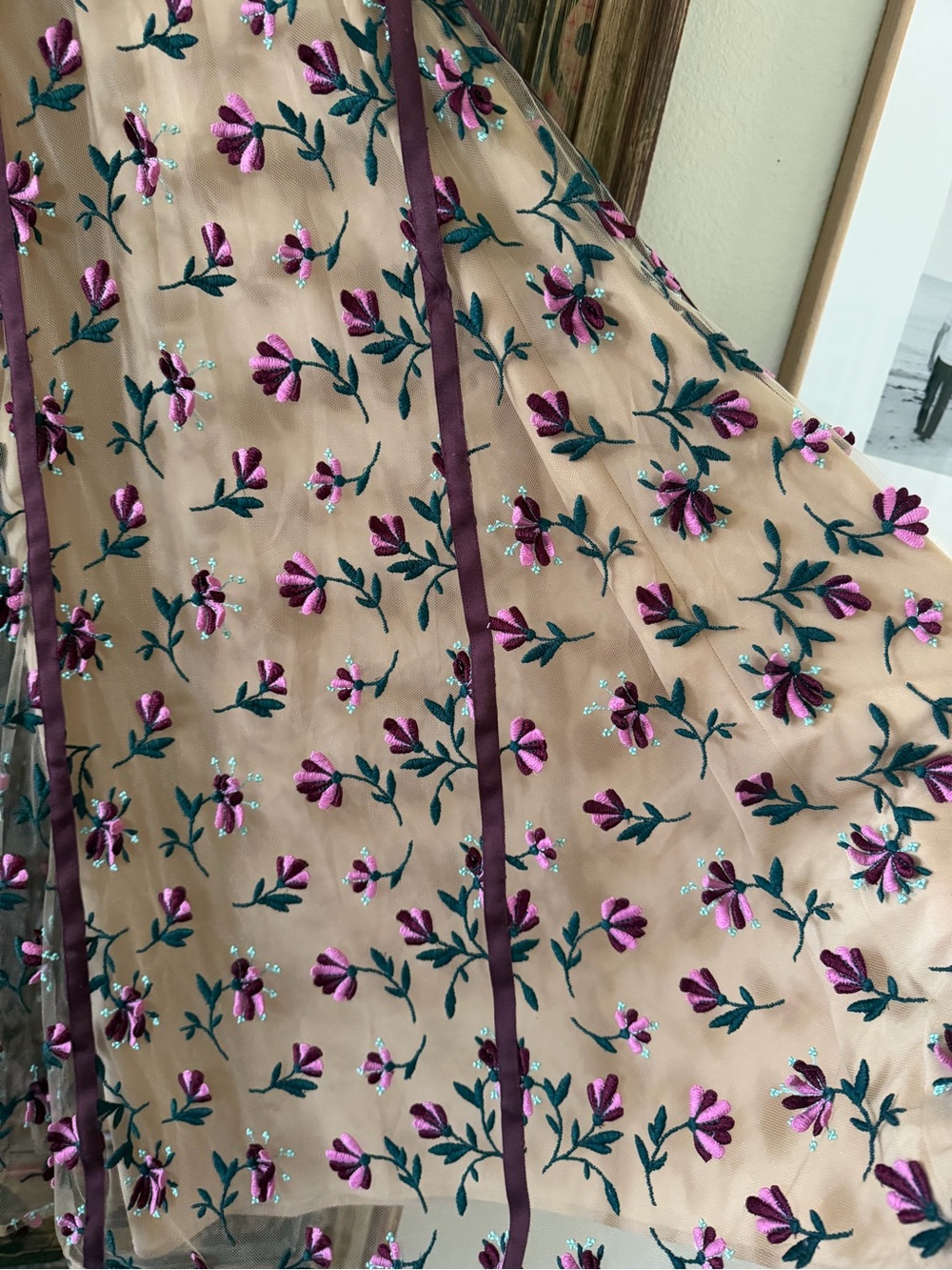 Lela Rose Nude Mesh Midi Dress with Purple Floral Embroidery - Picture 5 of 6